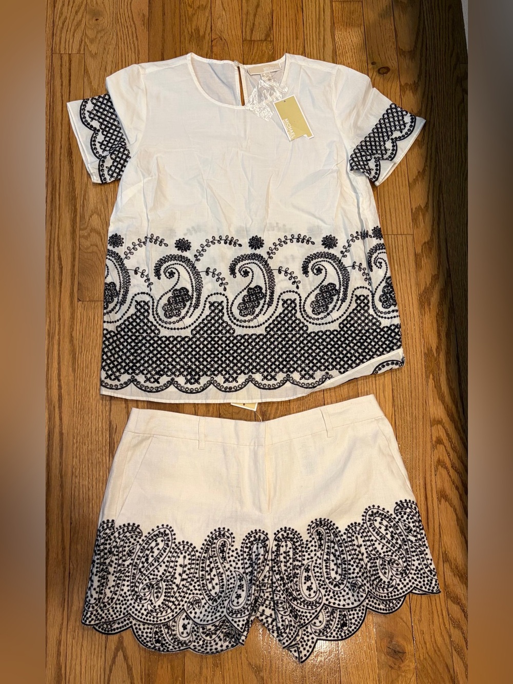 White Michael Kors Two-Piece Embroidered Top & Shorts Set with Navy Paisley Trim